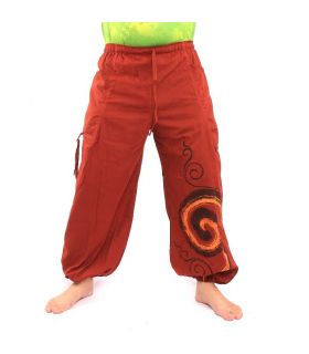 harem pants printed red spiral pattern