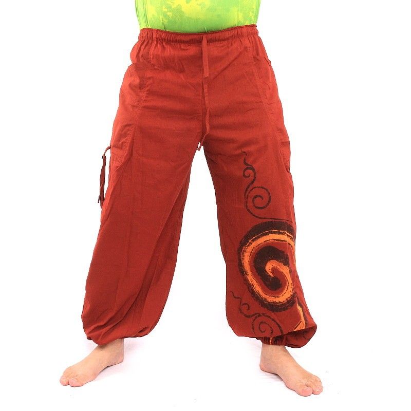 harem pants printed red spiral pattern