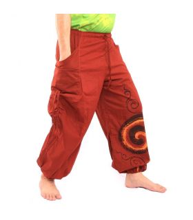 harem pants printed red spiral pattern