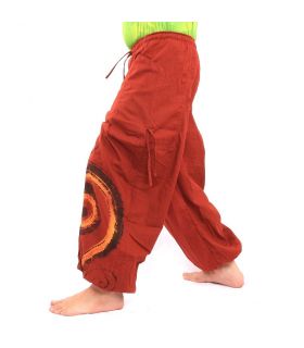 harem pants printed red spiral pattern