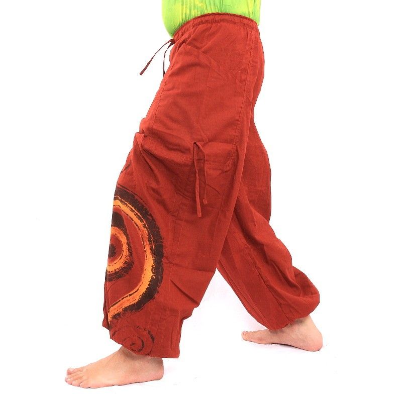 harem pants printed red spiral pattern