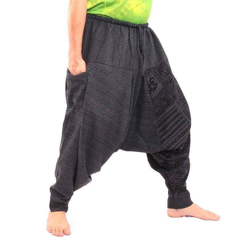 ॐ Pantalones Anchos con símbolos sánscritos mezcla de algodón negro