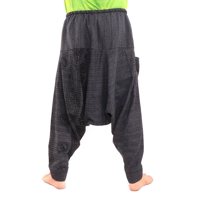 ॐ Pantalones Anchos con símbolos sánscritos mezcla de algodón negro