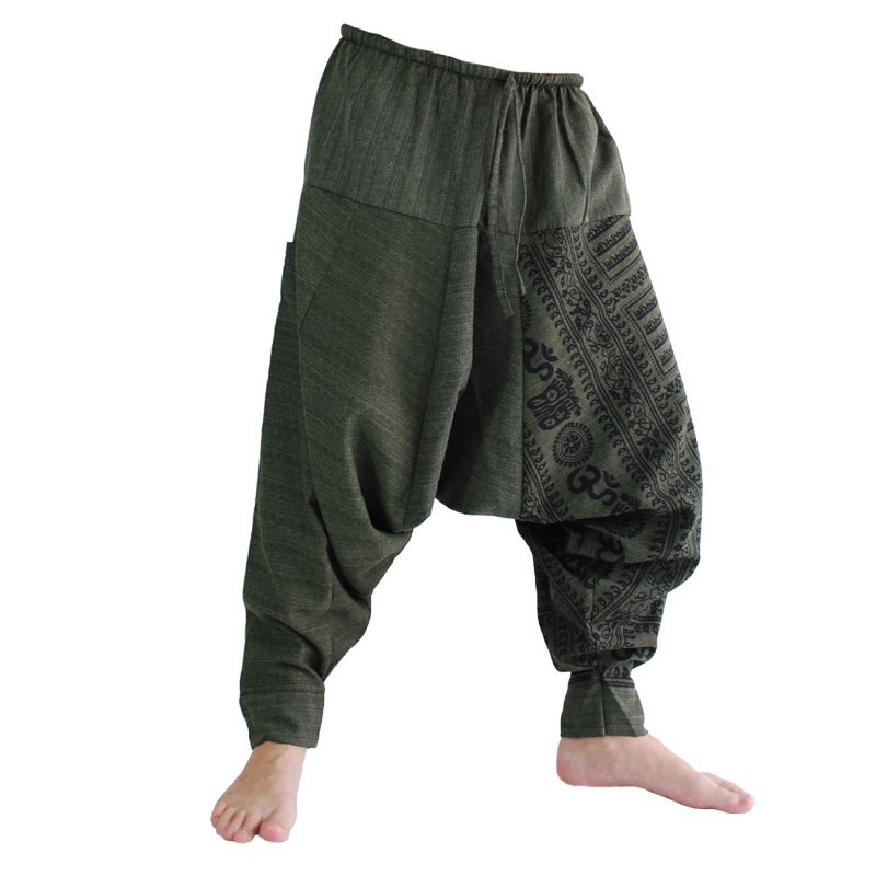 Aladdin pants with Sanskrit symbols cotton mix olive
