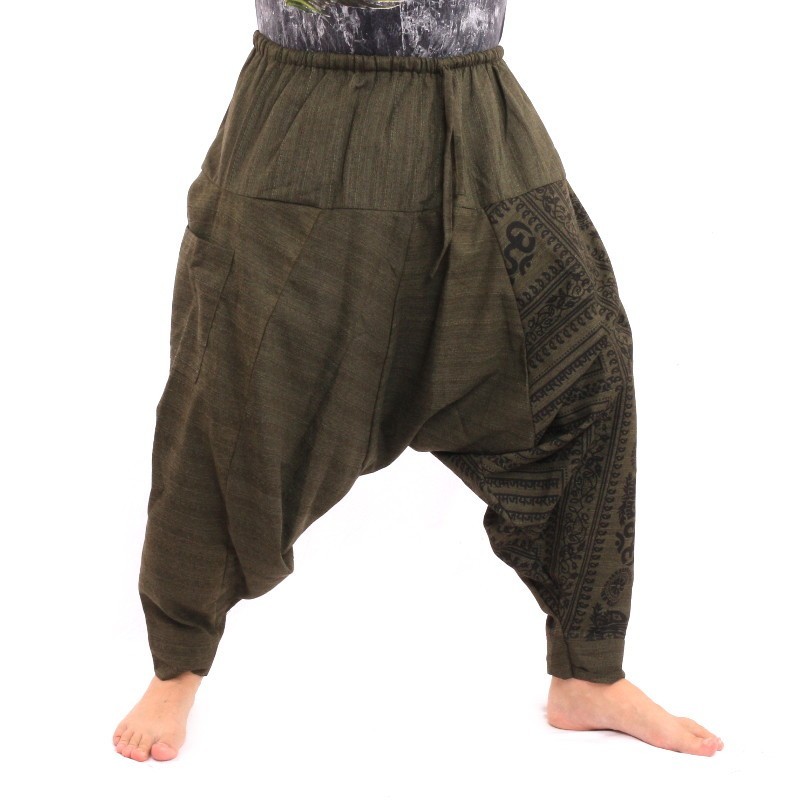 Aladdin pants with Sanskrit symbols cotton mix olive