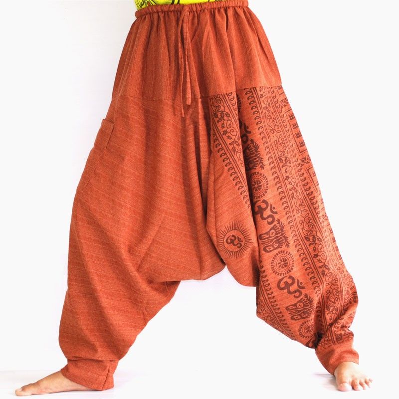 Aladdin pants with Sanskrit symbols cotton mix reddish brown