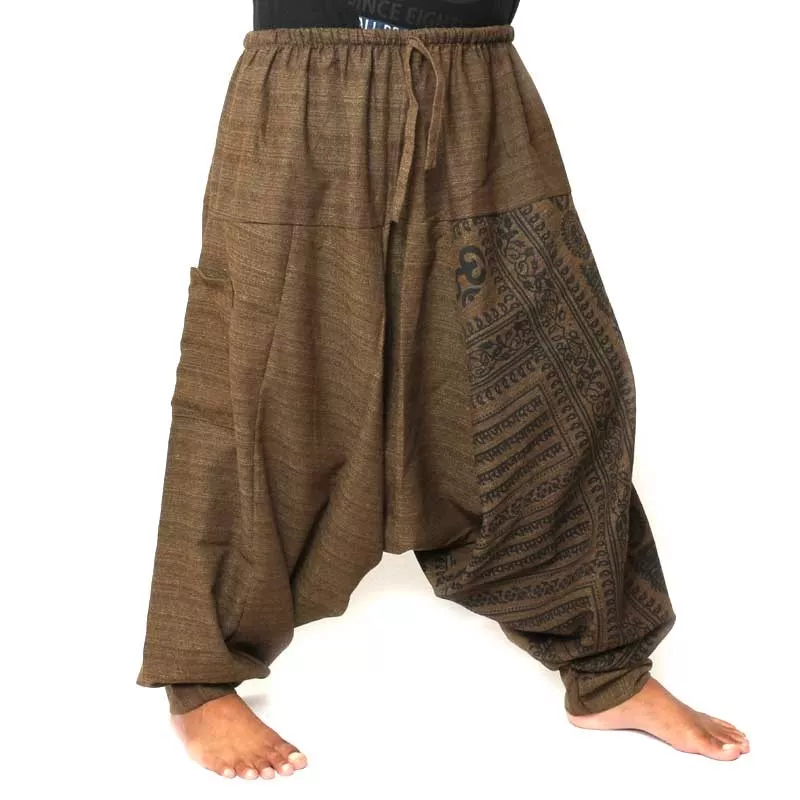 ॐ pantalon de harem avec symboles sanskrits mélange de coton brun