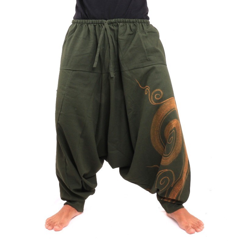 Aladdin Pants with Spiral / Floral Design print - dark green ARY-D1