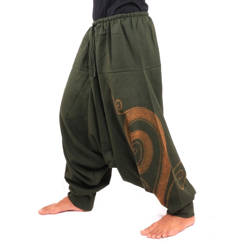 Aladdin Pants with Spiral / Floral Design print - dark green ARY-D1