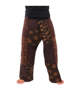 Pantalones de pescador tailandeses de retazos, talla M marrón.