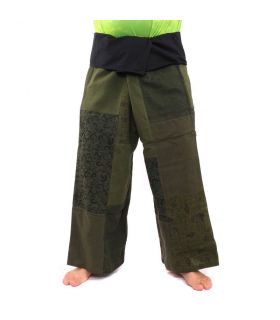 Pantalones de pescador tailandeses de retazos, talla L verde.