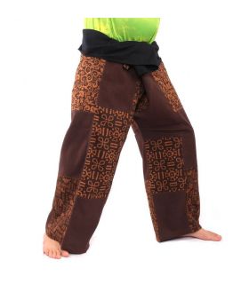 Pantalones de pescador tailandeses de retazos, talla L marrón.