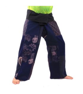 Pantalones de pescador tailandeses de retazos, talla L azul.