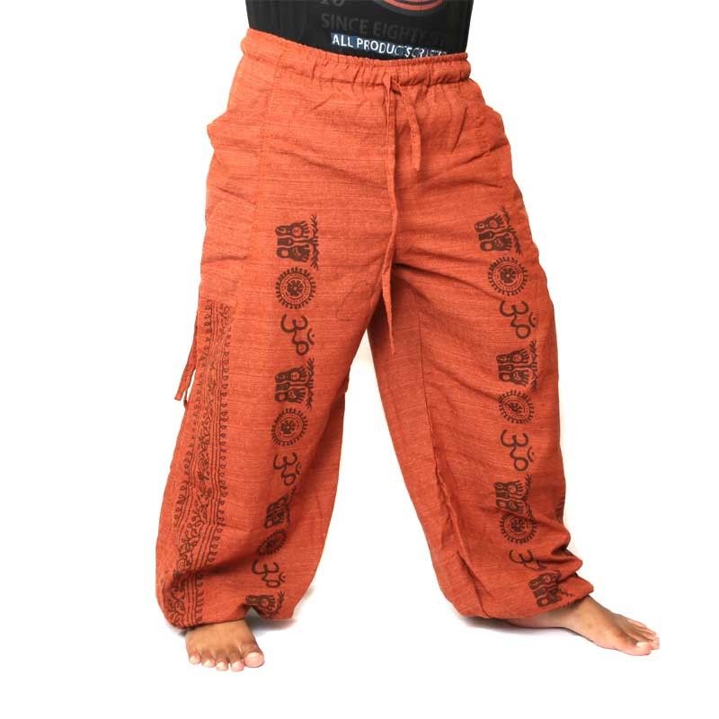 Pantalones Anchos pantalones de meditación Om Dharmachakra pies Budas de algodón mezcla naranja