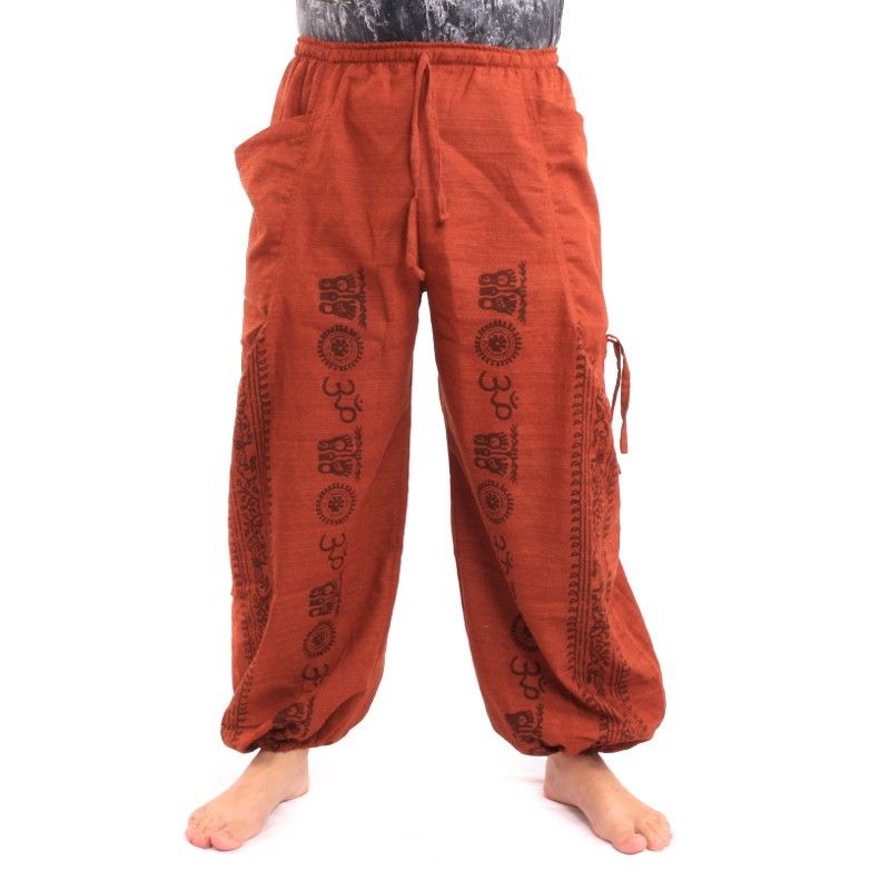 pantalon de harem pantalon de méditation Om Dharmachakra pieds Bouddhas coton mélange orange