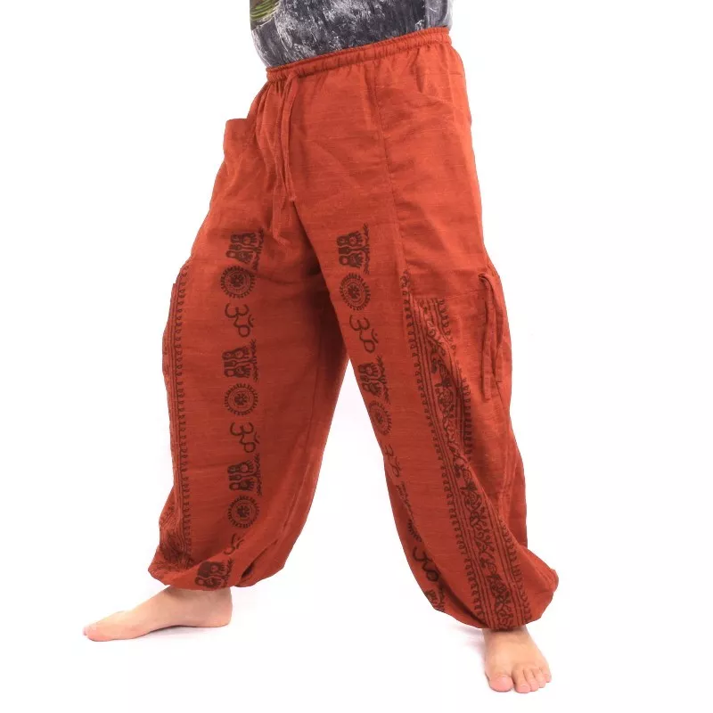 pantalon de harem pantalon de méditation Om Dharmachakra pieds Bouddhas coton mélange orange