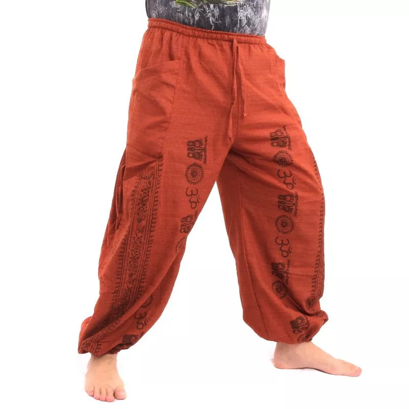pantalon de harem pantalon de méditation Om Dharmachakra pieds Bouddhas coton mélange orange