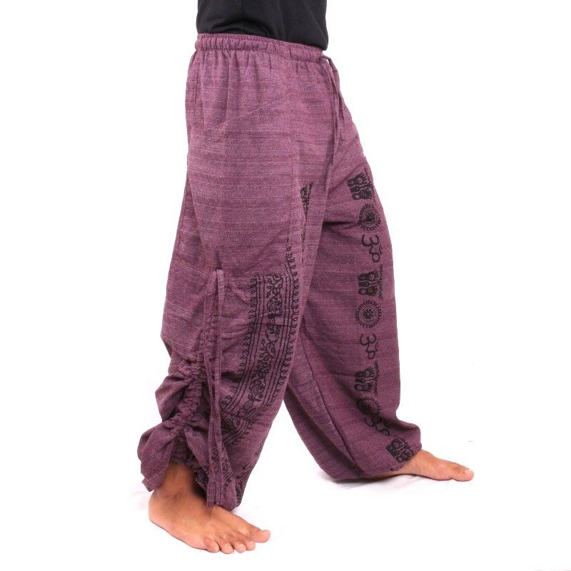 Pantalones Anchos pantalones de meditación Om Dharmachakra pies Budas algodón púrpura