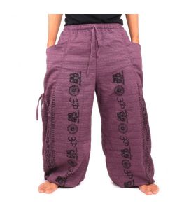 Haremshose Meditationshose Om Dharmachakra Füße Buddhas Baumwolle violett