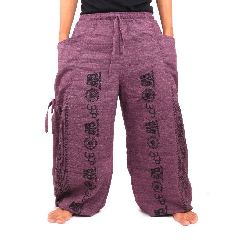 Haremshose Meditationshose Om Dharmachakra Füße Buddhas Baumwolle violett