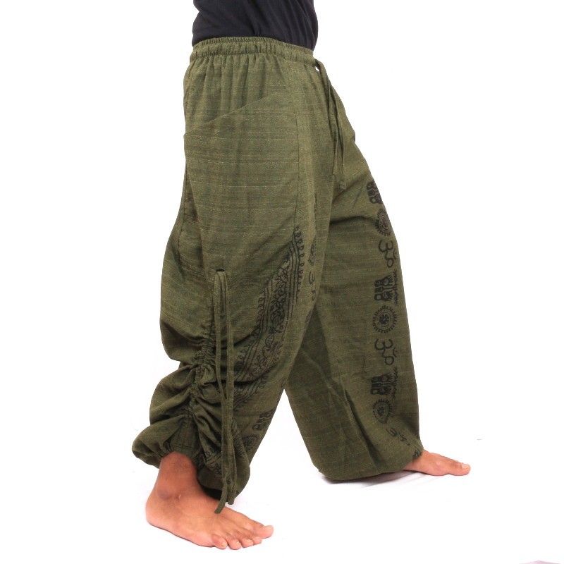 pantalon de harem pantalon de méditation Om Dharmachakra pieds Bouddhas coton vert olive