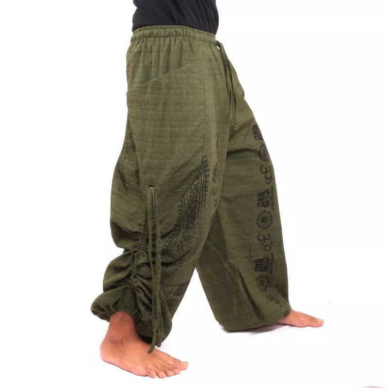 pantalon de harem pantalon de méditation Om Dharmachakra pieds Bouddhas coton vert olive