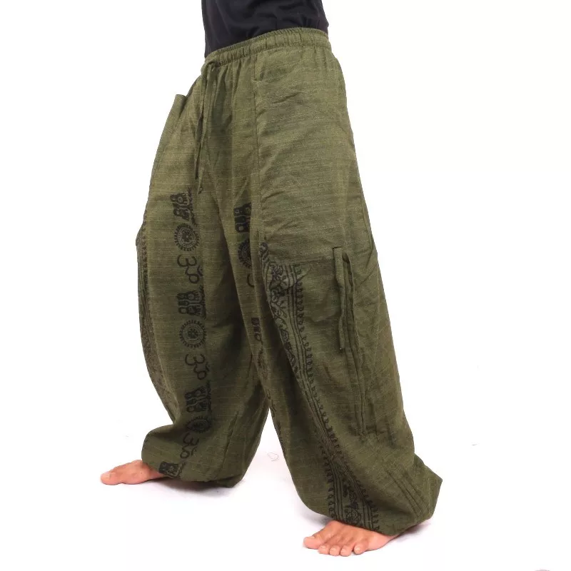 pantalon de harem pantalon de méditation Om Dharmachakra pieds Bouddhas coton vert olive