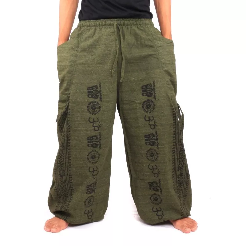 pantalon de harem pantalon de méditation Om Dharmachakra pieds Bouddhas coton vert olive