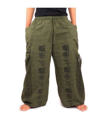 Haremshose Meditationshose Om Dharmachakra Füße Buddhas Baumwolle olivgrün