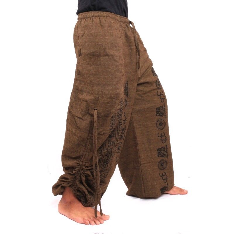 Harem pants meditation pants Om Dharmachakra feet Buddhas cotton brown