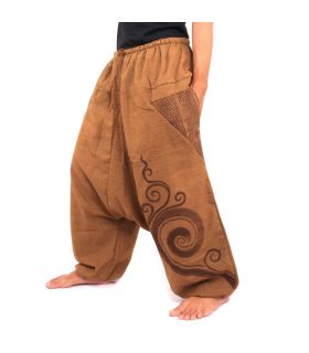 Aladdin pants with spiral curlicue design printed khaki cotton