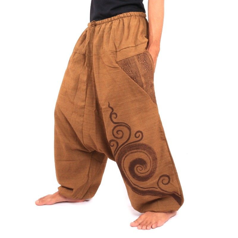 Pantalon Aladdin en coton kaki imprimé motif curlicue en spirale