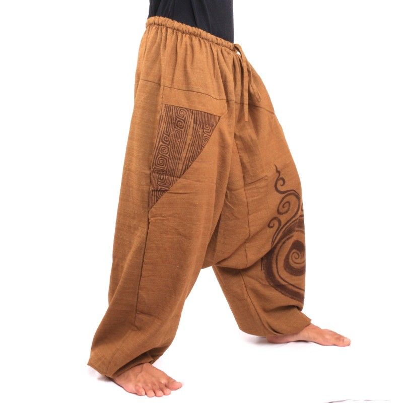 Pantalon Aladdin en coton kaki imprimé motif curlicue en spirale