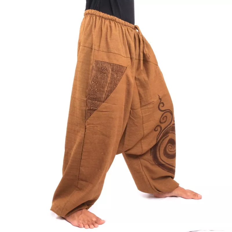pantalon de harem avec des boucles en spirale dessin en spirale coton kaki imprimé
