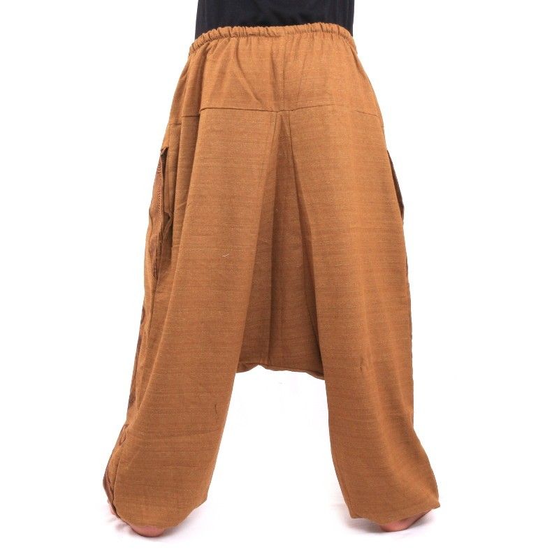 Aladdin pants with spiral curlicue design printed khaki cotton