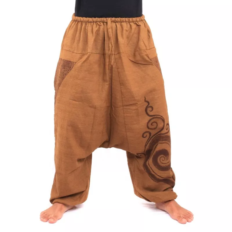 pantalon de harem avec des boucles en spirale dessin en spirale coton kaki imprimé