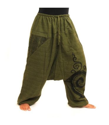 pantalon de harem en coton vert imprimé