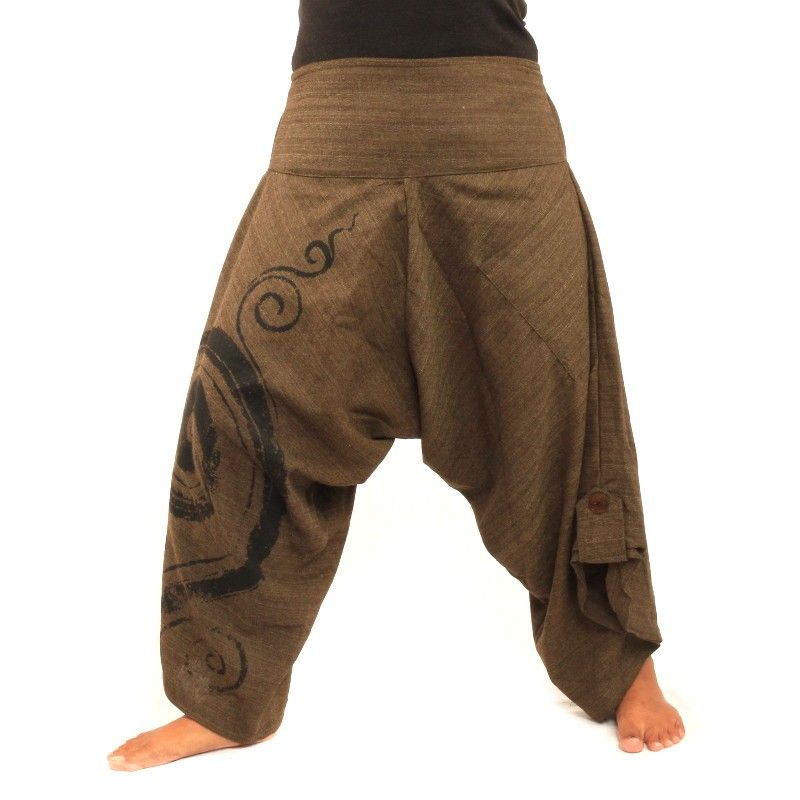 3/5 harem trousers baggy pants with spiral pattern of cotton brown
