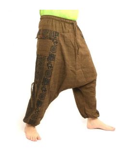 Harem pants with floral design and spiritual symbols - light brown