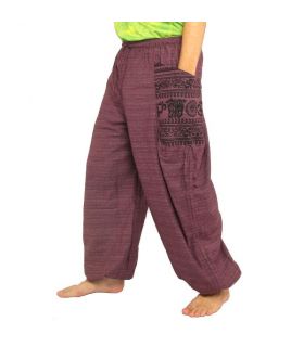 Pantalones Harem con estampado étnico y grandes bolsillos laterales púrpura.