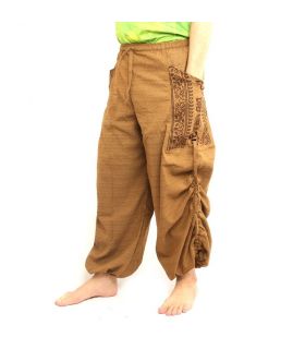 Pantalones hippie tailandeses para atar Aplicación etnográfica de algodón pesado