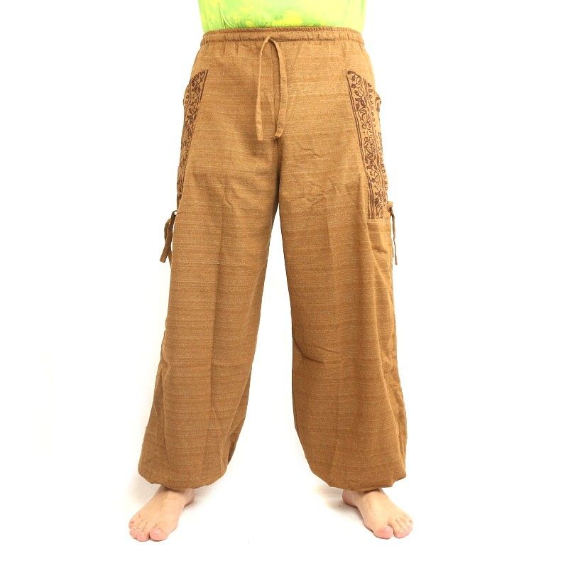 Pantalon hippie thaïlandais pour attacher une application Ethno en coton épais