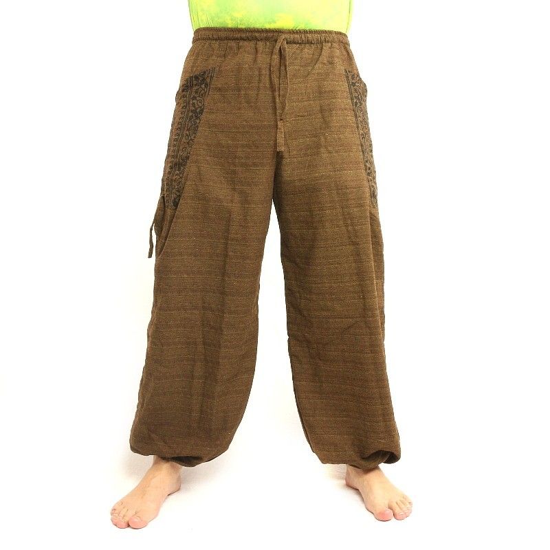 Pantalon hippie thaïlandais pour attacher une application Ethno en coton épais