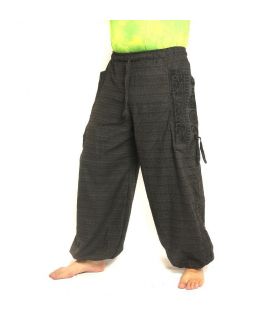 Pantalones Harem pantalones de meditación grandes bolsillos laterales Om Dharmachakra pies Budas de algodón antracita