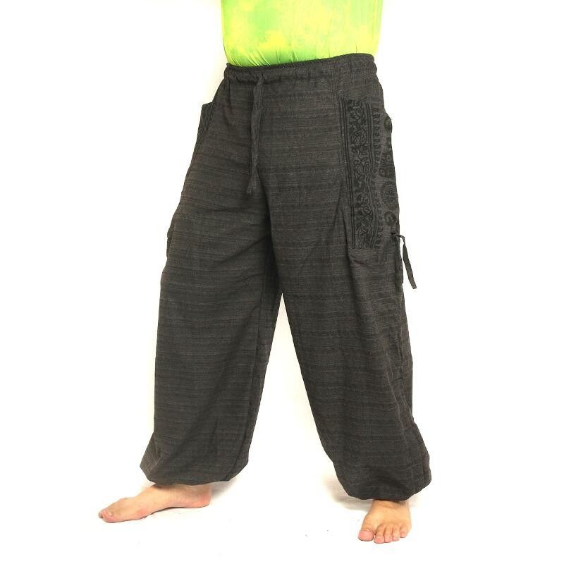 Pantalon de méditation en haremshose, grandes poches latérales, pieds Om Dharmachakra en coton anthracite de Bouddha