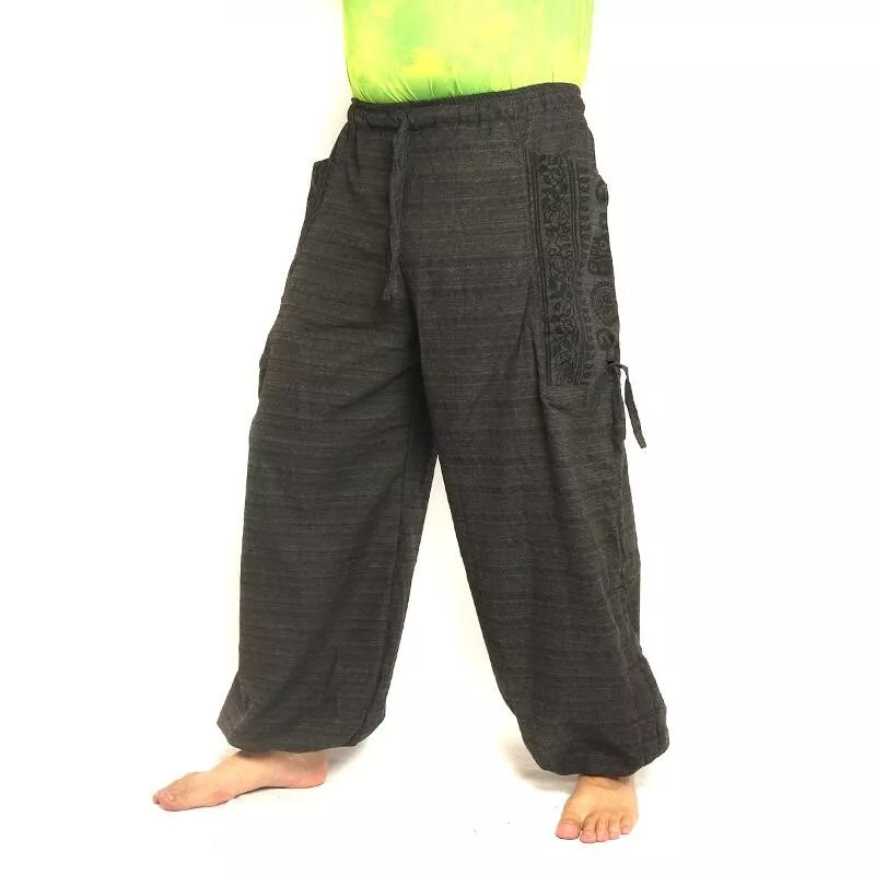 Sarouel pantalon de méditation grandes poches latérales Om Dharmachakra pieds Bouddhas coton anthracite