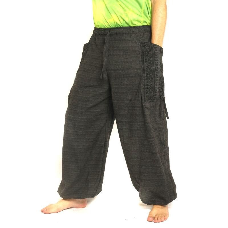 Pantalon de méditation en haremshose, grandes poches latérales, pieds Om Dharmachakra en coton anthracite de Bouddha
