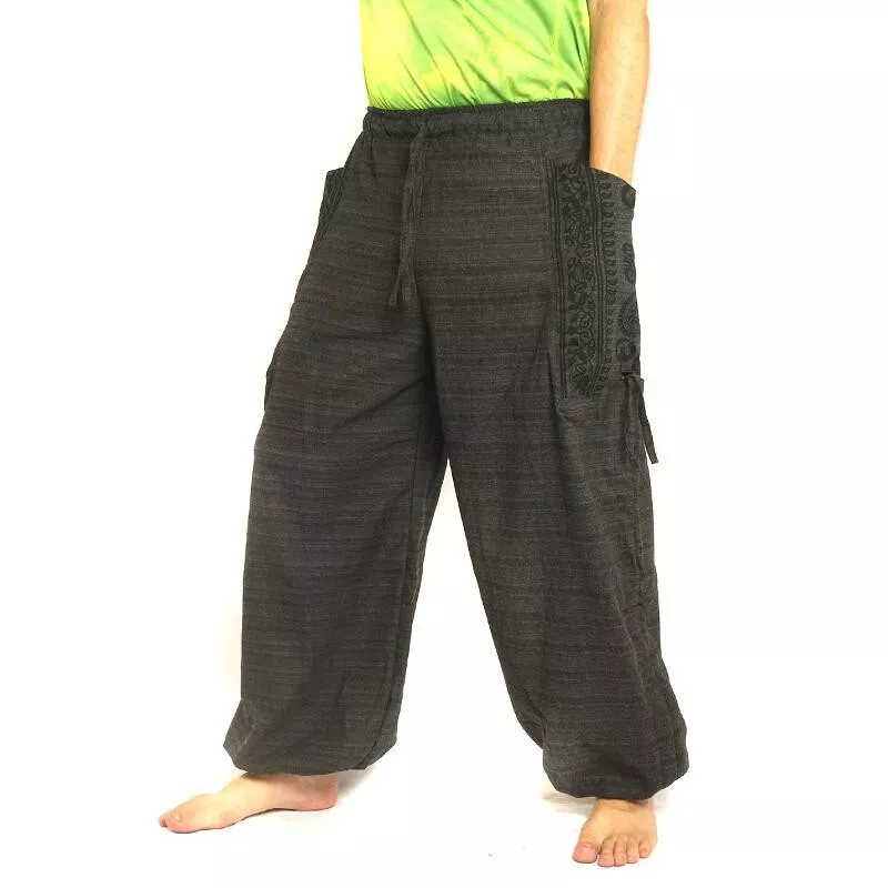 Sarouel pantalon de méditation grandes poches latérales Om Dharmachakra pieds Bouddhas coton anthracite