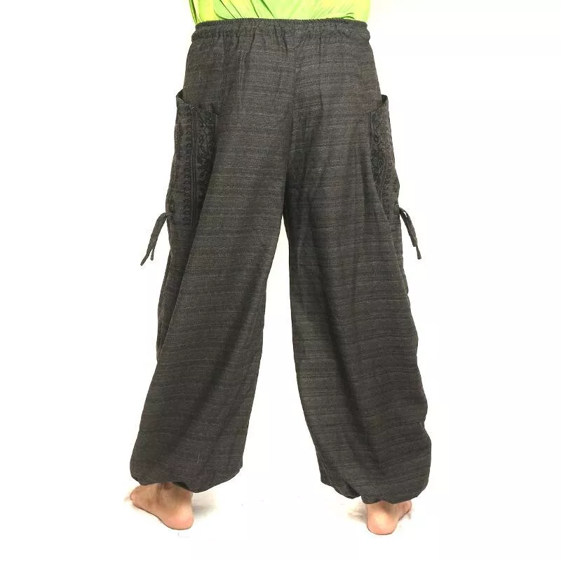 Sarouel pantalon de méditation grandes poches latérales Om Dharmachakra pieds Bouddhas coton anthracite