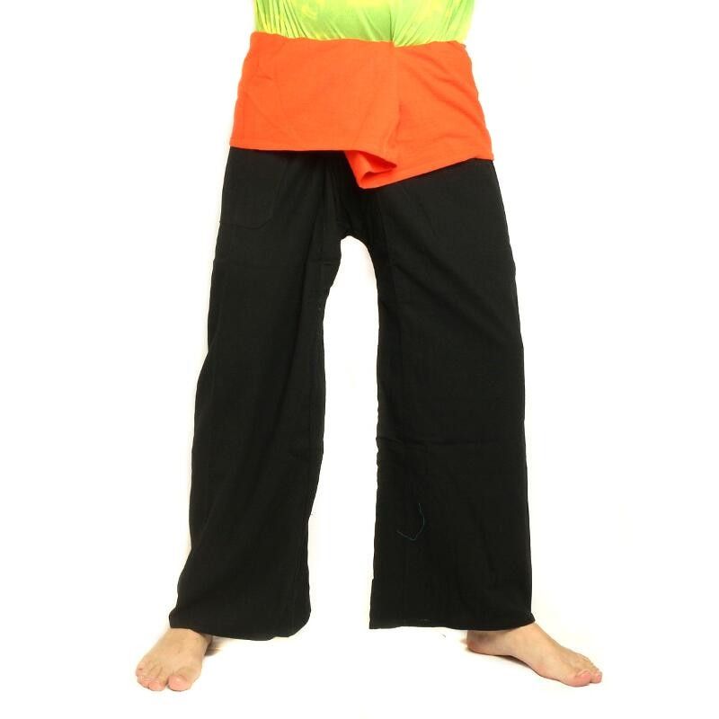 Pantalon de pêcheur thaïlandais extra long - bicolore noir-orange - coton